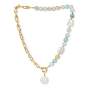 Amazonite, Pearl and Gold Chain Necklace